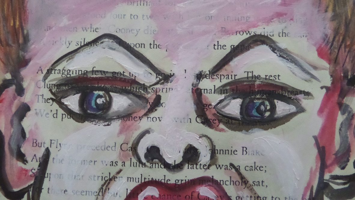Tomatâ du Plenty's 1999 self-portrait ‘Tomatâ Screamers’: his own face in dusty pink, bone white and oxblood, eyes fixed straight ahead and mouth open mid-scream, painted over a page torn from Ernest Thayer's Casey at the Bat, whose lines remain legible through the paint.